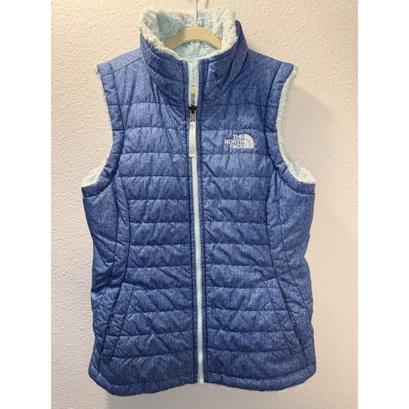 North Face Girls Blue Green Reversible Sherpa Vest Aqua Fleece Lined M 10 - Picture 1 of 11